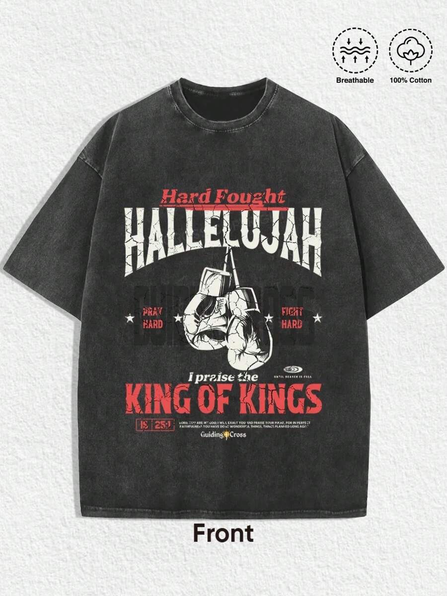 1 PCS Christian "Hallelujah - King Of Kings" Graphic Tee: Featuring Distressed Vintage Finish, Bold "HALLELUJAH" & "I Praise The KING OF KINGS" Letter Prints, Boxing Gloves Graphic With "PRAY HARD" "FIGHT HARD" Details, Perfect For Infusing Spiritual, Motivational, And Nostalgic Vibes Into Outfits During Easter Celebrations, Church Events, Or Daily Wear, Christmas & Halloween & Thanksgiving Day & Valentine's Day & Pride & Father's Day & Easter & Mother's Day & New Year & Spring Festival, Men's Round Neck Printed Short Sleeve Casual Everyday T-Shirt, They Are Excellent Gifts For Friends And Family, 100% Cotton T-Shirts Feature, A Youthful And Fashionable Design, Graphic Tees Men, Graphic Tees Women, Cachorro Feliz, Back To School - 黑色 - 查看 1