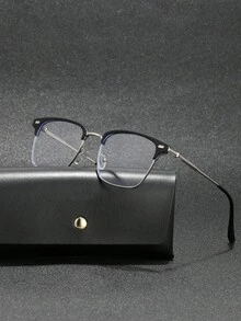 1 件装经典金属混合框架复古铆钉韩式装饰眼镜，黑色或银色铜框，适合大学生、休闲阅读、电脑、游戏、缓解眼疲劳，附赠眼镜盒和眼镜带 - 黑與白 - 查看 9
