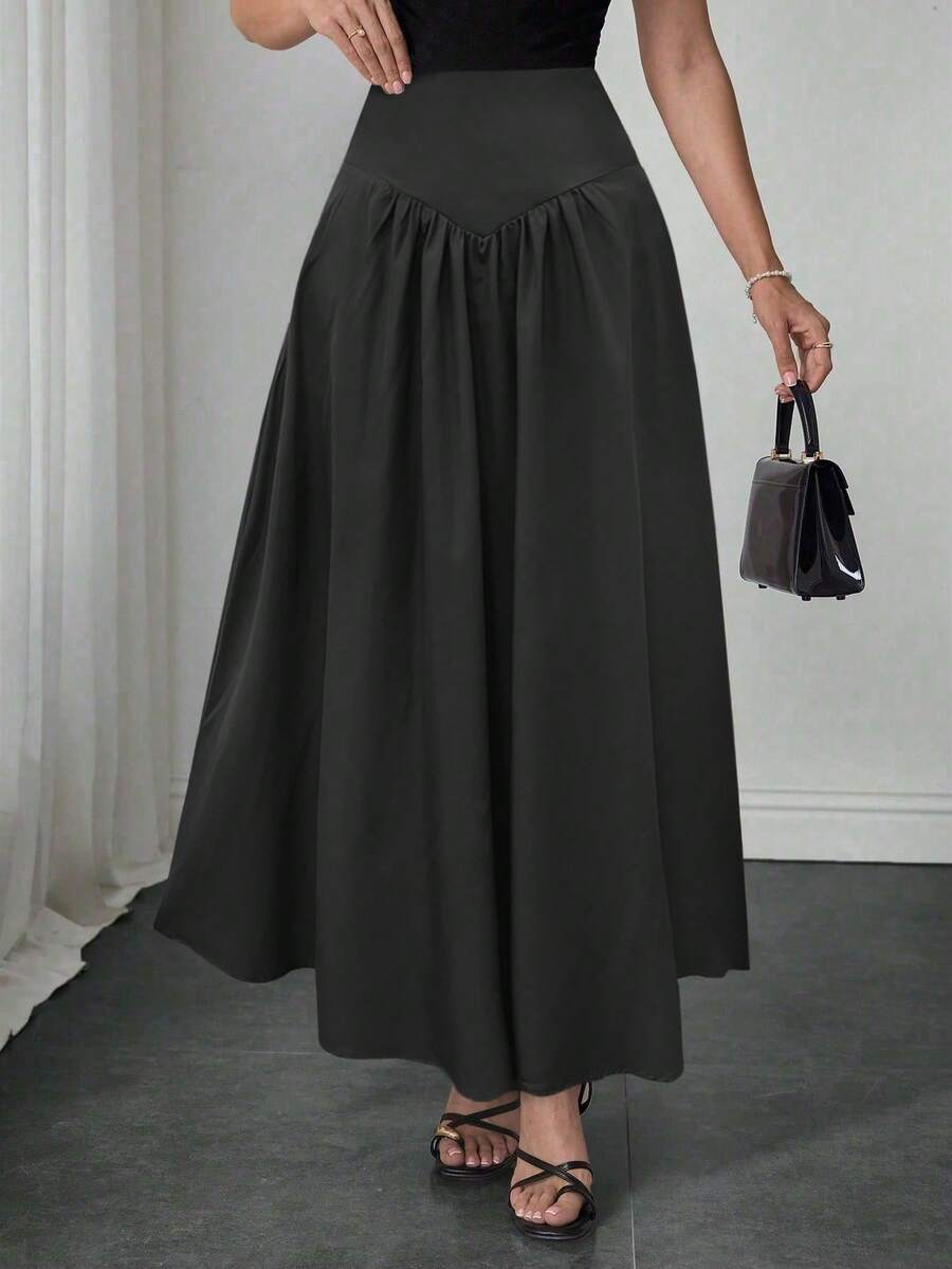 Elegant Women's A-Line Skirt, Suitable For Dates, Student Wear, Daily Travel, Versatile, Casual, Beach And Other Occasions. Elegant And Casual Women's A-Line Skirt, Solid Color, Waist-Shaping, Pleated Design, Woven Fabric, Available In Multiple Colors, Suitable For Outings And Can Also Be Worn As Loungewear. - Black - View 1