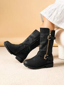 Girls' Knee-High Winter Motorcycle Boots | Faux Fur Lined | Cold Weather Riding - 黑色 - 查看 3