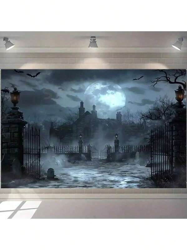 Halloween Ghost Background, Full Moon Graveyard Scene, Durable Polyester Material, Suitable For Indoor And Outdoor Decoration And Photography
