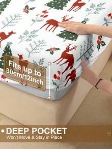 1pc Christmas Bow Reindeer Christmas Tree Print Fitted Sheet, Bedding, Fitted Sheet, Mattress Cover, Soft Comfortable Bedroom Mattress Protector, Fitted Sheet Only, Machine Washable - Multicolor - View 5