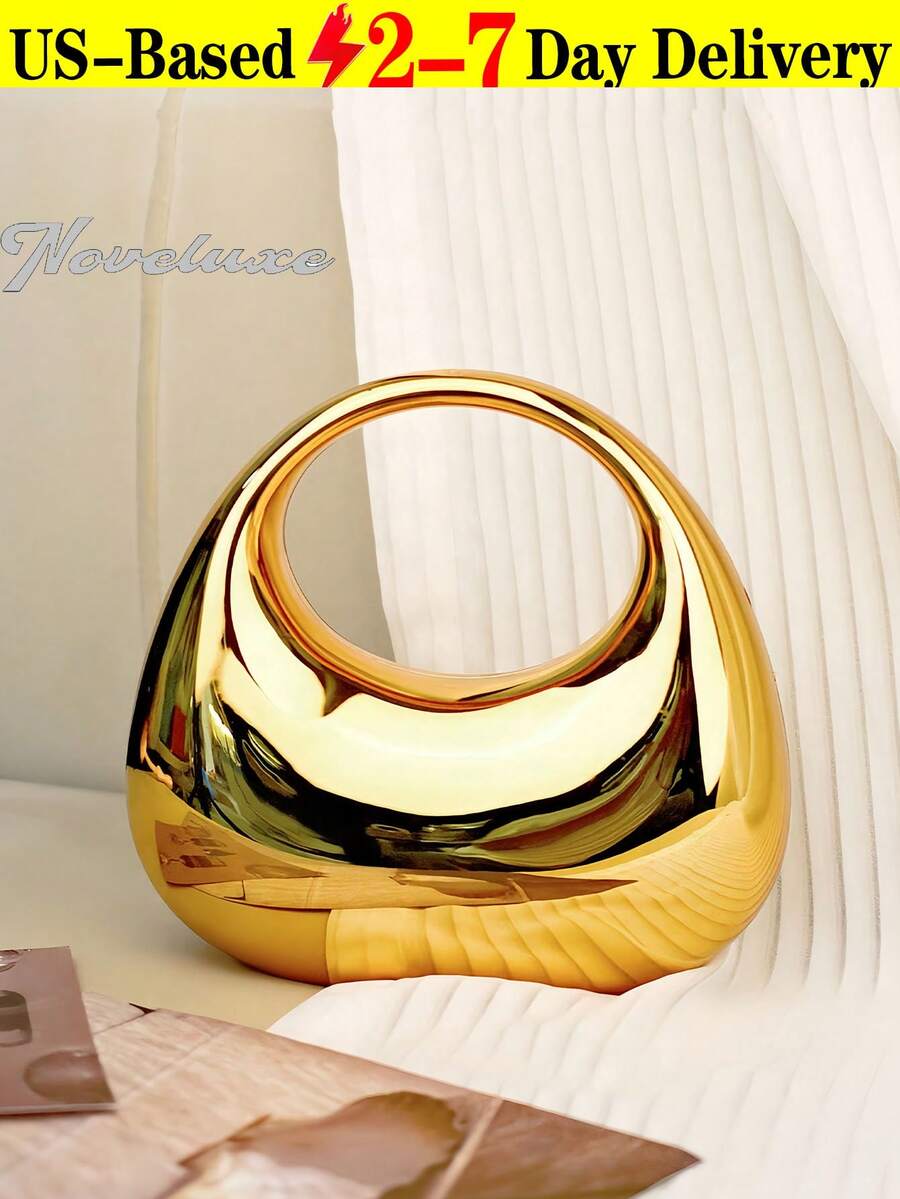 Gold Handbag, Evening Bag, Mirror Acrylic Crescent Box Tote, Oversized Crescent Bag, Fashion Multifunctional Chain Shoulder/Crossbody Bag, Holds Phone, Lipstick, Earphones, Valentine's Day Gift, Mother's Day Gift, Thanksgiving Gift, Halloween Gift,Sparkly Evening Bag For Christmas- Metallic Mini Bag. , Gold Bag - 彩色 - 查看 1