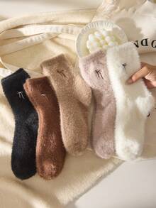 2/4 Pairs White And Brown Fuzzy Crew Socks For Women, Bow Design, Warm & Fluffy, Soft & Comfortable, Suitable For Autumn/Winter, Random Color - Multicolor - View 2