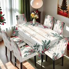 1/4/5/6/7/36 piezas Hojas verdes, bayas rojas, copos de nieve y cinta roja de Navidad, conjunto de fundas de silla/asiento con estampado de textura de madera falsa, adecuado para uso en interiores, hogar, restaurante, hotel, ideal para decoración diaria moderna. El mantel se ajusta a la mesa de comedor cuadrada, las fundas de silla elásticas son lavables. - Multicolor - Ver 7