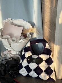 New For Fall/Winter 2025: Women's Knit Crossbody Bag/Handbag With A Simple Contrast Check Pattern. Perfect For Work Or Outings.