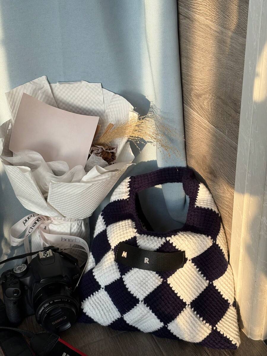 New For Fall/Winter 2025: Women's Knit Crossbody Bag/Handbag With A Simple Contrast Check Pattern. Perfect For Work Or Outings.