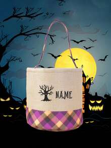 Personalized Embroidery Halloween Pattern Name Halloween Imitation Grid Storage Basket Fun Shopping Center Amusement Park Indoor And Outdoor Decoration Props Accessories Gifts Not Given Sugar Bag Handbag Candy Bag Multi Functional Storage Basket Short Distance Travel Bag - Multicolor - View 7