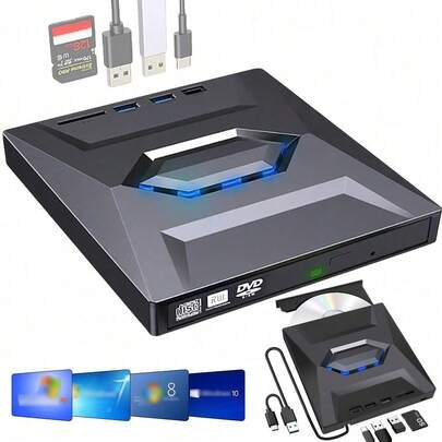 Externes CD DVD Laufwerk, USB C Tragbares CD/DVD +/-RW Laufwerk/DVD Player mit SD Card Reader USB 3.0 USB C Hub CD ROM Brenner Kompatibel mit Laptop Desktop PC