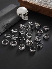 20pcs Punk Style Skull & Letter Design Rings Set, Casual Everyday Wear For Men