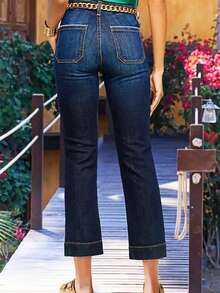 Women's Casual Washed Stretch Slim Fit Straight Leg Jeans, Spring/Autumn Fall - Brilliant Blue - View 2