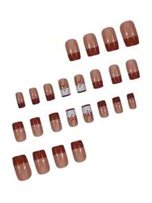 24pcs High-End Salon-Quality Press-On Nails: Mixed Length Gradient, Pink Gradient, Jelly Nails, Glossy Coffin Fake Nails, Blue Gradient 3D Press-On Nails With Butterfly & Pearl 3D Decorations, Solid Color Cat's Eye Press-On Nails, Glitter Fake Nails For Short - 彩色 - 查看 2