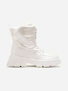 Flat Snow Boots With Front Zipper Design And Embossed Text - White - View 3