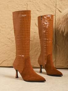 Giày bốt cao đến đầu gối đa năng mới dành cho nữ mùa thu/xuân, giày bốt cao gót mũi nhọn co giãn ôm sát bằng da lộn màu nâu - màu nâu - Xem 7