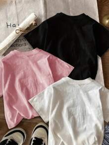 Set Of 3 Women's Beachwear Shirts - Spring/Summer - Short Sleeve T-Shirt - Crew Neck - Streetwear - Vintage - Vacation - PINK/WHITE/BLACK - View 2