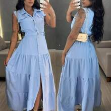 Long Chemise Dress With Buttons And Sash Belt – Elegant And Modern - 淺藍色 - 查看 3