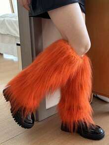 女士Y2K仿皮草腿套，复古毛绒宽松过膝长筒袜，适合万圣节、圣诞派对及日常亚文化穿搭，舒适保暖 - 彩色 - 查看 7