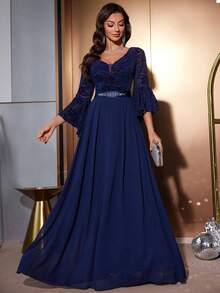 MIUSOL Tiefer V-Ausschnitt Blumen Spitze Kontrast Chiffon Glockenärmel mit Strass Taille Formelles Party Kleid, elegantes Abendkleid für Abschlussball, Hochzeitsgast, Graduierung, Dinner - marineblau - Übersicht 3
