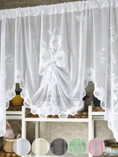 1pc Boho Style Solid Color Lace Sheer Curtain With Floral Pattern - Semi-Transparent, Washable, Rod Pocket Design, Suitable For Bedroom, Living Room, Kitchen, Bathroom, Wardrobe Decor, Living Room Window Curtain