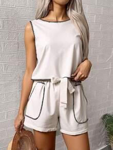 Conjunto de 2 piezas informal de verano de mujeConjunto de top y shorts de unicolor para damas, perfecto para vacaciones/tiempo libre - Blanco - Ver 9