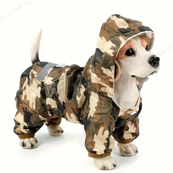 1Pc Camouflage Adjustable Pet Dog Raincoat Dogs Rain Jacket Clothes Polyester Puppy Water Resistant Hooded Rainwear With Strip Reflective, 4 Legs Design With Leash Hole,Suit For Small Medium Large Dog