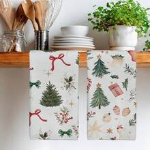 MEMNUN 2 pièces Serviettes de cuisine en microfibre super douces et absorbantes de 15,75 * 23,62 pouces (40 * 60 cm), avec imprimé aquarelle d'arbre de Noël, cadeau de Noël, nœud de bonbon et baie. Convient pour la décoration et les cadeaux de Noël, la cuisine, la cuisson, le thé, le nettoyage, les restaurants et toutes les saisons.
