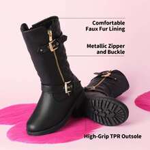 Girls' Knee-High Winter Motorcycle Boots | Faux Fur Lined | Cold Weather Riding - 黑色 - 查看 7