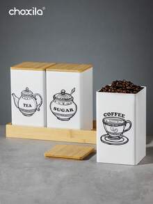 choxila 3件套咖啡储存罐茶叶零食咖啡豆储存罐竹盖铁艺展示方形罐