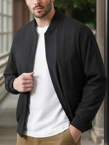 男士轻便拉链立领夹克，秋冬休闲外套 - 黑色 - 查看 3