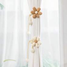 Presilhas de cortina bege/curry com estampa floral 3D e pérolas artificiais - Ajustáveis, sem ilhós, fáceis de pendurar - Poliéster durável para decoração de sala de estar, quarto e escritório, estilo minimalista moderno, design decorativo e charmoso.