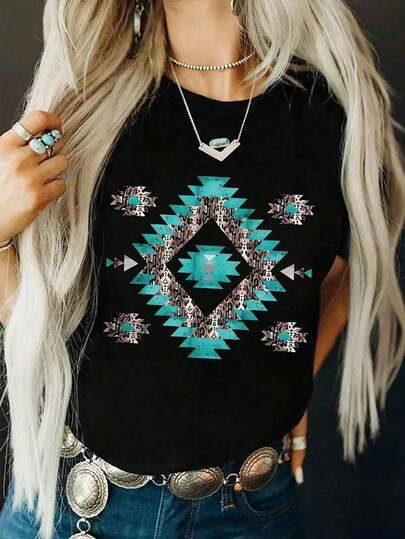 Camiseta Cuello Redondo Manga Corta Estampado Patron Turquesa Mujer