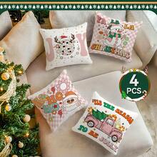 4 Stücke Cartoon Weihnachten Schachbrettmuster bedruckter Kissenbezug Set