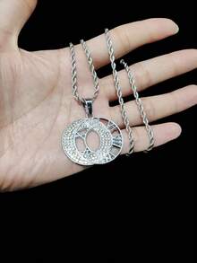 1pc Fashion Creative Roman Numeral Pendant With Alloy Rhinestone Cuban Chain, Unisex Hip-Hop Punk Necklace, Suitable For Daily Wear, Valentine's Day Gift, 2 Chain Options - Silver - View 7