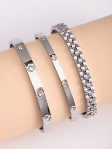 3pcs 18K Gold Plated Stainless Steel Four-Leaf & Three-Leaf Clover Bangle Bracelets, Suitable For Women's Party, Daily Wear, European & American Style, Personalized, Generous, Luxury Cubic Zirconia Wristband, Wedding Jewelry Set, Gift For Girls, Women, Relatives, Friends, Beautiful Wedding, Birthday, Valentine's Day, Mother's Day - Silver 2 - View 14