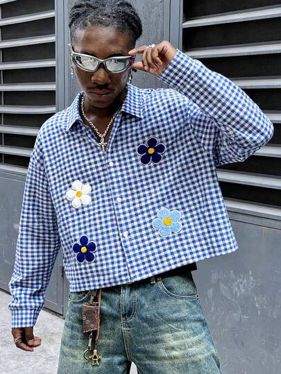 Herren Lässig Hemd mit Blumen-Dekor und Karomuster, geeignet für Sommerurlaub und Straßenmode, Langarm