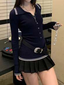 Blusa de lana con diseño de botones, cuello con muesca y dobladillo para mujeres, estilo coreano casual de calle y transporte, otoño Nora Noon Y2K