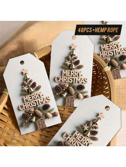 48 Rural Cotton-Style Christmas Gift Labels, Featuring The Elegant Wood Grain Texture Of The Rope With Pinecones, Bell Silhouettes, "Merry Christmas" Bows And Strings, For Gift Wrapping, Tree Decorations, Holiday Handicrafts, Beige/Brown Cards With A White Background, Durable And Easy To Write, Retro Christmas Gift Labels, Pet Christmas Gift Labels Animal Christmas Gift Labels, Seasonal Home Decorations, Essential For DIY Enthusiasts