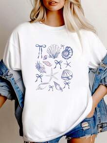 180g pure Cotton Coquette Seashell Shirt, Summer Vibes Shirt, Ocean Shirt, Summer Holiday Gift, Coastal Shirt, Girls Trip Shirts, Seashell Gift, Beach Vibes Stretched T-Shirt For Women Casual graphic Slightly female Stylish Top For Everyday Wear Casual Unisex Soft - Blanco - Ver 2