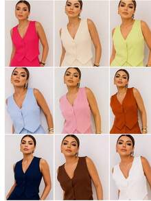 Plain Tailored Vest - The Sophisticated Choice For Work And Everyday Wear - 卡其色 - 查看 2