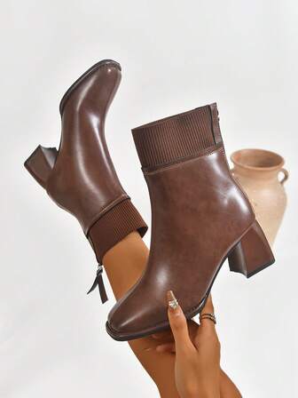 1 双女士纯色拼布时尚商务拉链踝靴，适合婚礼、度假、所有季节