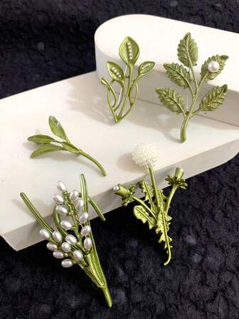 1pc Fashionable High-End Pastoral Green Plant Series Dandelion, Wheat Ear, Leaf Faux Pearl Brooch, Stylish Accessory For Women To Wear Daily Or At Banquets