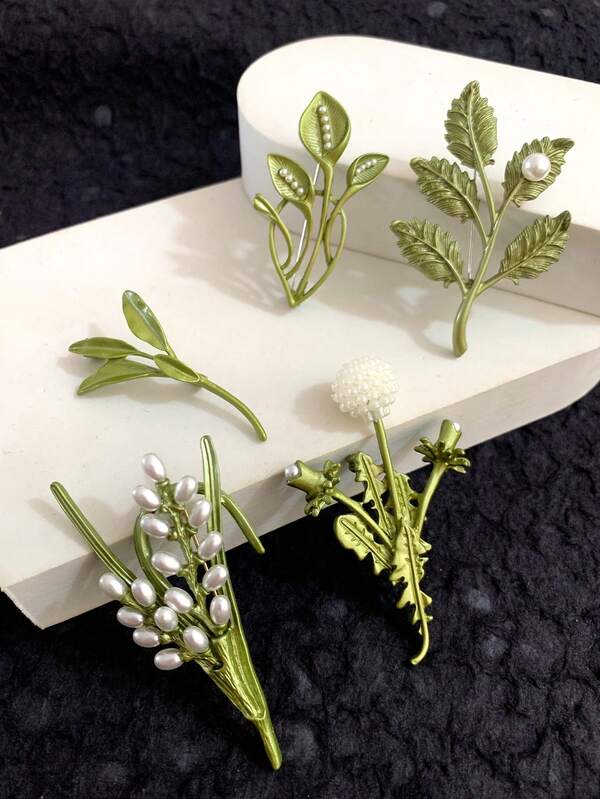 1pc Fashionable High-End Pastoral Green Plant Series Dandelion, Wheat Ear, Leaf Faux Pearl Brooch, Stylish Accessory For Women To Wear Daily Or At Banquets