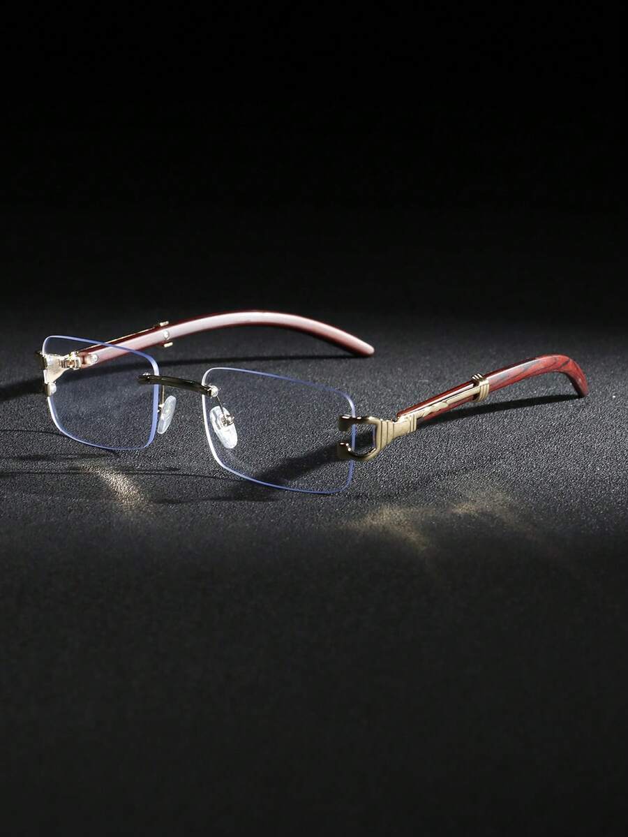 Men's Metal Frameless Wooden Grain Leg Vintage Elegant College Style Clear Lens Glasses, Suitable For Daily Commute, Outfit Matching, Photography, Outdoor Vacation, Also A Great Back-To-School Gift, Perfect For Halloween, Christmas, Easter, Valentine's Day, Independence Day, Thanksgiving, New Year