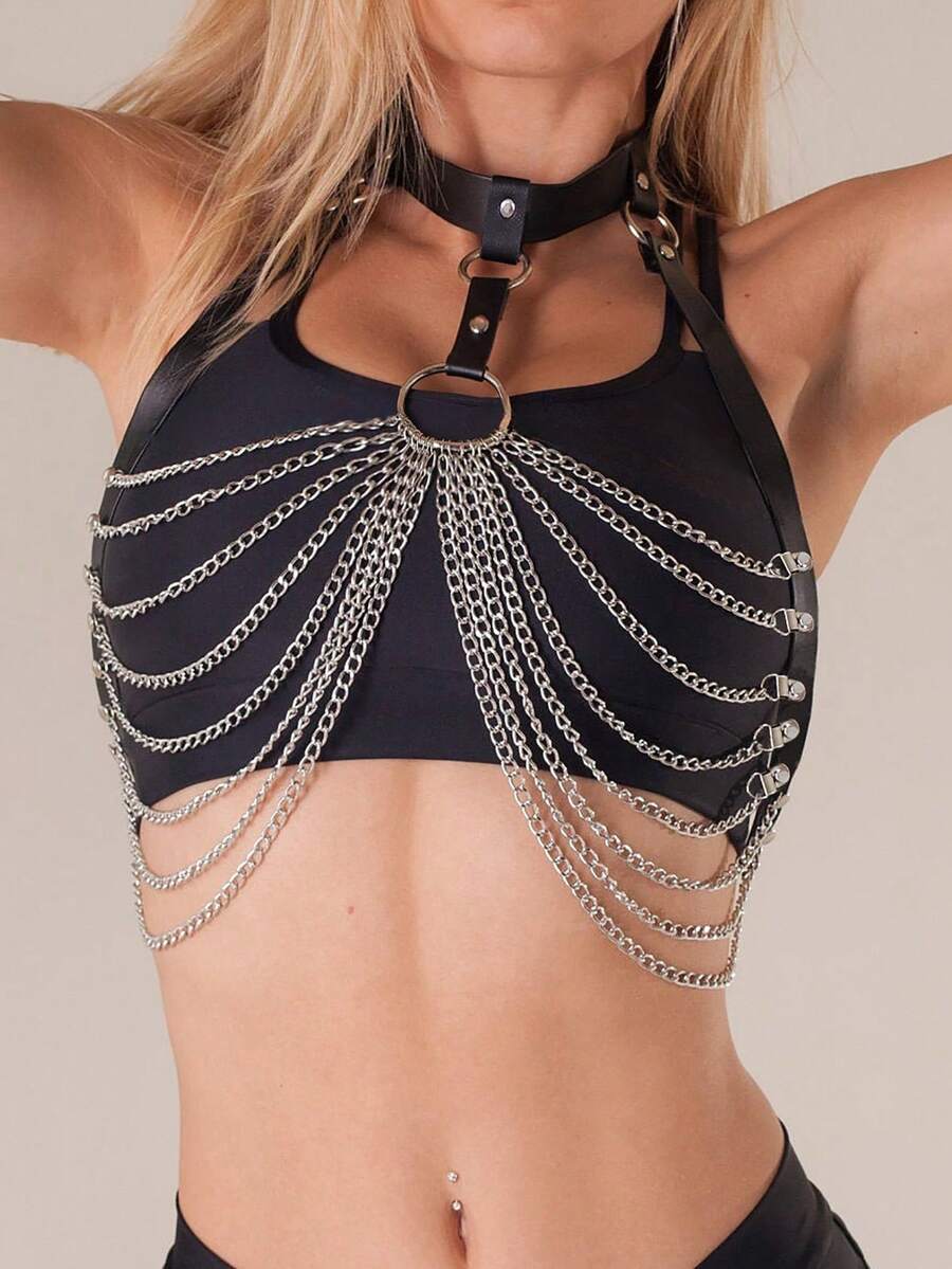 1 pièce Harnais chaîne de corps Lingerie sexy Femmes Soutien-gorge chaîne sexy en PU Haut harnais cage pour femmes Cosplay - Noir - Voir 1