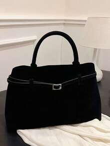 复古时尚大容量仿麂皮手提包，欧美复古麂皮绒面手提包，通勤、休闲、日常、旅行皆宜 - 黑色 - 查看 7