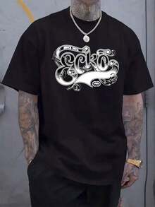 Men'S Casual Ecko Graphic Print T-Shirt - White Short Sleeve Round Neck Regular Fit Summer Holiday Tee With Intricate Black Design Casual Wear |   Graphic Print Tee |   Slight Stretch Fabric Soft Stretch Breathable Fit Lightweight Flexible2025 Men's New Simple Short Sleeve Comfortable And Breathable In Summergraphic Tees Men Shirts Streetwear White Shirt Black Shirt - 黑色 - 查看 1