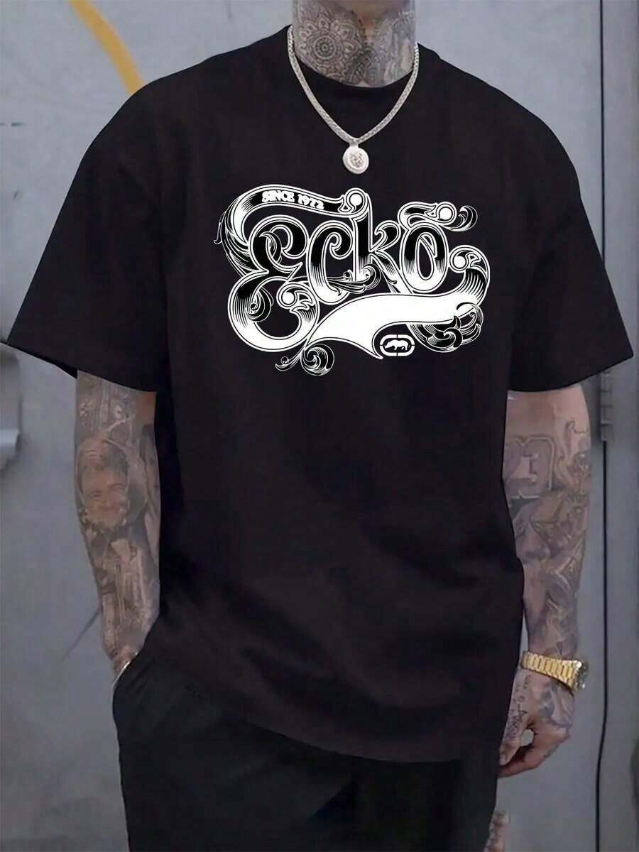 Men'S Casual Ecko Graphic Print T-Shirt - White Short Sleeve Round Neck Regular Fit Summer Holiday Tee With Intricate Black Design Casual Wear |   Graphic Print Tee |   Slight Stretch Fabric Soft Stretch Breathable Fit Lightweight Flexible2025 Men's New Simple Short Sleeve Comfortable And Breathable In Summergraphic Tees Men Shirts Streetwear White Shirt Black Shirt - 黑色 - 查看 1