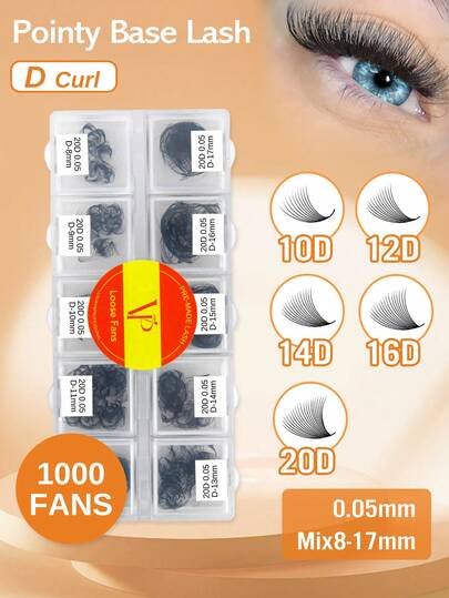 Extensiones de pestañas de abanico ruso suelto prémium de 1000 fanáticos: C/D 10D/12D/14D/16D/20D 0,05 mm de longitud mixta, base delgada, media, punta afilada y tallo puntiagudo