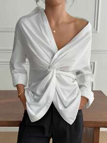 女士纯色落肩长袖扭结前襟衬衫