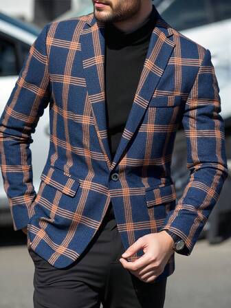 1pc New Casual Men's Black And White Plaid Blazer, Suitable For Spring And Autumn Everyday Wear